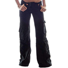 (Black, 2XL) Women's Casual Long Cargo Pants Wide Leg Trousers