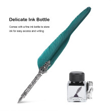 Old-Time Quill Feather Pen with Empty Ink Bottle Green Ink Gift Pack