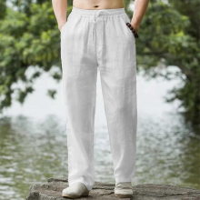 (white, L) Men's Cotton Linen Pants Hawaiian Vacation Holiday Beach Trousers Breathable Streetwear Casual Pants Loose Men Bottoms