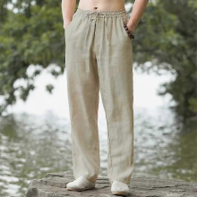 (light khaki, XXL) Men's Cotton Linen Pants Hawaiian Vacation Holiday Beach Trousers Breathable Streetwear Casual Pants Loose Men Bottoms