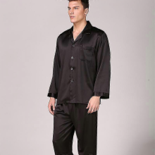 (pure black, XXL) Man's Black Silk Pajamas, Long Sleeve Solid Color Suit Large Size Household Clothing, Plus Size Nightwear