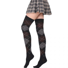 (Gray gray) Women Girls Student Thigh High Socks European College Style Vintage Colorful Argyle Plaid Pattern Stretchy Over the Knee Stockings