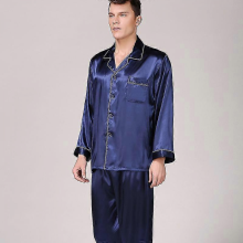 (blue rope, L) Man's Black Silk Pajamas, Long Sleeve Solid Color Suit Large Size Household Clothing, Plus Size Nightwear