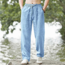 (sky blue, S) Men's Cotton Linen Pants Hawaiian Vacation Holiday Beach Trousers Breathable Streetwear Casual Pants Loose Men Bottoms
