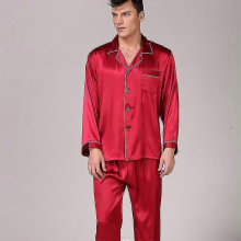 (red rope, L) Man's Black Silk Pajamas, Long Sleeve Solid Color Suit Large Size Household Clothing, Plus Size Nightwear
