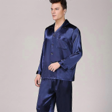 (pure blue, XXXL) Man's Black Silk Pajamas, Long Sleeve Solid Color Suit Large Size Household Clothing, Plus Size Nightwear