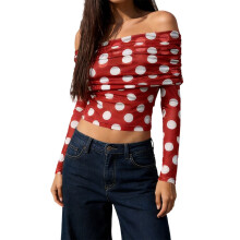 (L, Red) Women T-shirt Long Sleeve Off-shoulder Tops Ruched Dots Print Slim Fit Ladies Clubwear