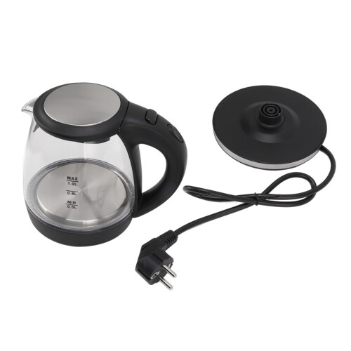 Chaleira elétrica de vidro de 2000 W, 1 L, com desligamento automático.