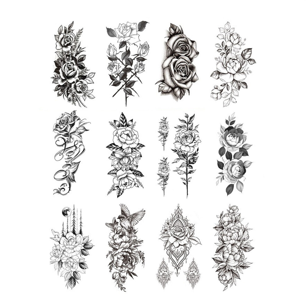 Black (11.4Cm*21Cm, ) Women's 3D Rose Temporary Tattoos Set Of 12 Tattoo Stickers For Body Arms Thighs
