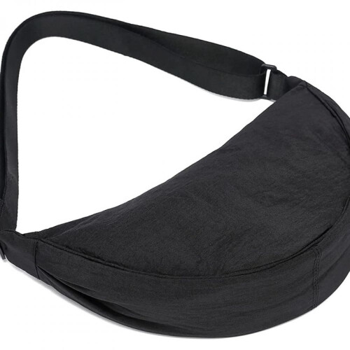Bolsa transversal com design em formato de meia-lua, alça de ombro ajustável e leve, fechamento com zíper resistente e material impermeável. 2