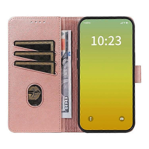 (PinkGold) Custodia in pelle con texture Litchi e supporto RFID compatibile con iPhone 15 Plus 1