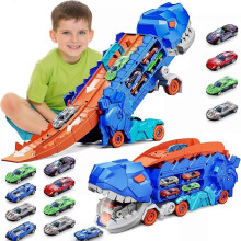 (8 cars) Dinosaur Transport with Metal Cars, City Dinosaur Ultimate Hauler Track Toy