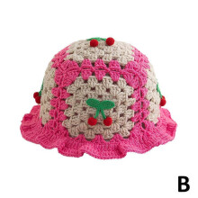 (Rice flour cherry)Sweet Knitted Fisherman Hat CuteLotus Leaf Edge Woolen Ruffle Bucket Hat