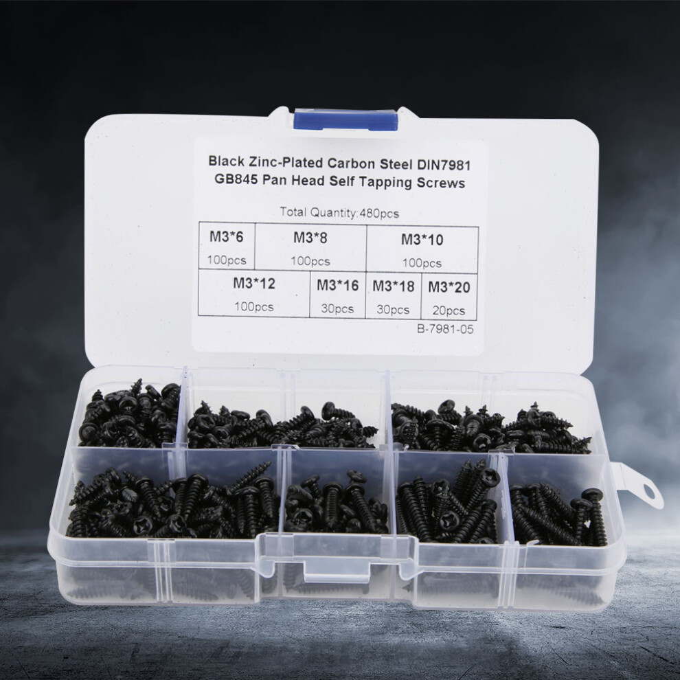 Carbon Steel Self Tapping Screws 480Pcs Black