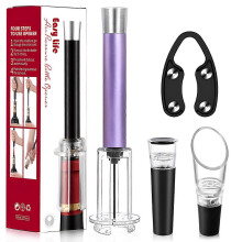 (4 pcs, purple) Electric Wine Opener Set, Air Pressure Cork Remover, Fast Wine Bottle Opener, Stainless Steel Corkscrew with Foil Cutter