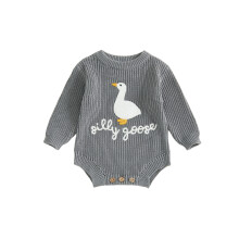 (3-6 Months, Blue) Infant Baby Knitted Rompers Cute Long Sleeve Round Neck White Goose Letter Embroidery Jumpsuit