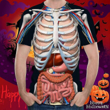 (S)Human Organ Top 3d Print Horror Offal Pattern T-Shirt Round Neck Short Sleeve Loose Tops Halloween Decoration Accessory