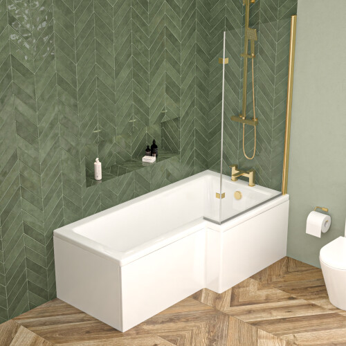 NES Home Nes Home Right Hand L Shaped Shower Bath With Front Panel & Brushed Brass Screen