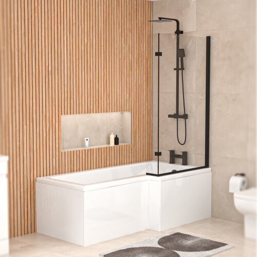 NES Home Nes Home 1700mm x 850mm  Right Hand L Shaped Bath, Panel, Screen Matte Black