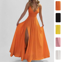 (Yellow, L) 2026 Spring New Women's Dress, Strapless Slit Maxi Dress, Fashion Sexy Solid Color Long Dress for Women