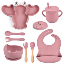 (Y26 Tray) Baby Silicone Feeding Set, Unbreakable Lobster Plate with Bib, Spoon, Fork, Snack Cup, Toddler Self-Feeding Utensils, 6-Piece Set