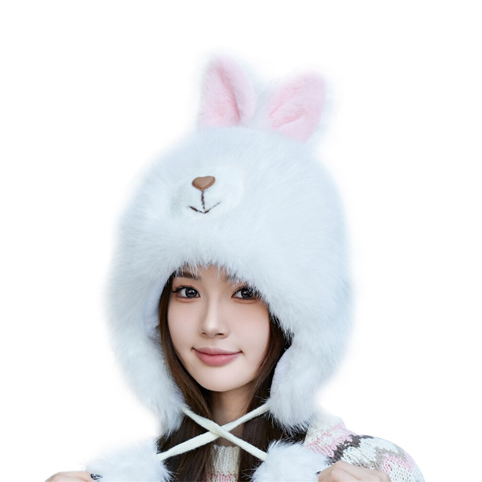 White (One Size, ) Women Plush Winter Trapper Hat With Ear Flaps 3D Bunny Cover Ears Warm Trooper Bomber Cap For Skiing Cycling