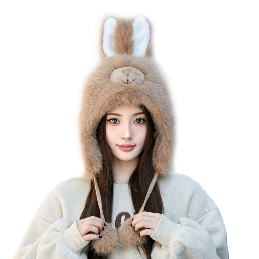 (One Size, Champagne) Women Plush Winter Trapper Hat with Ear Flaps 3D Bunny Cover Ears Warm Trooper Bomber Cap for Skiing Cycling