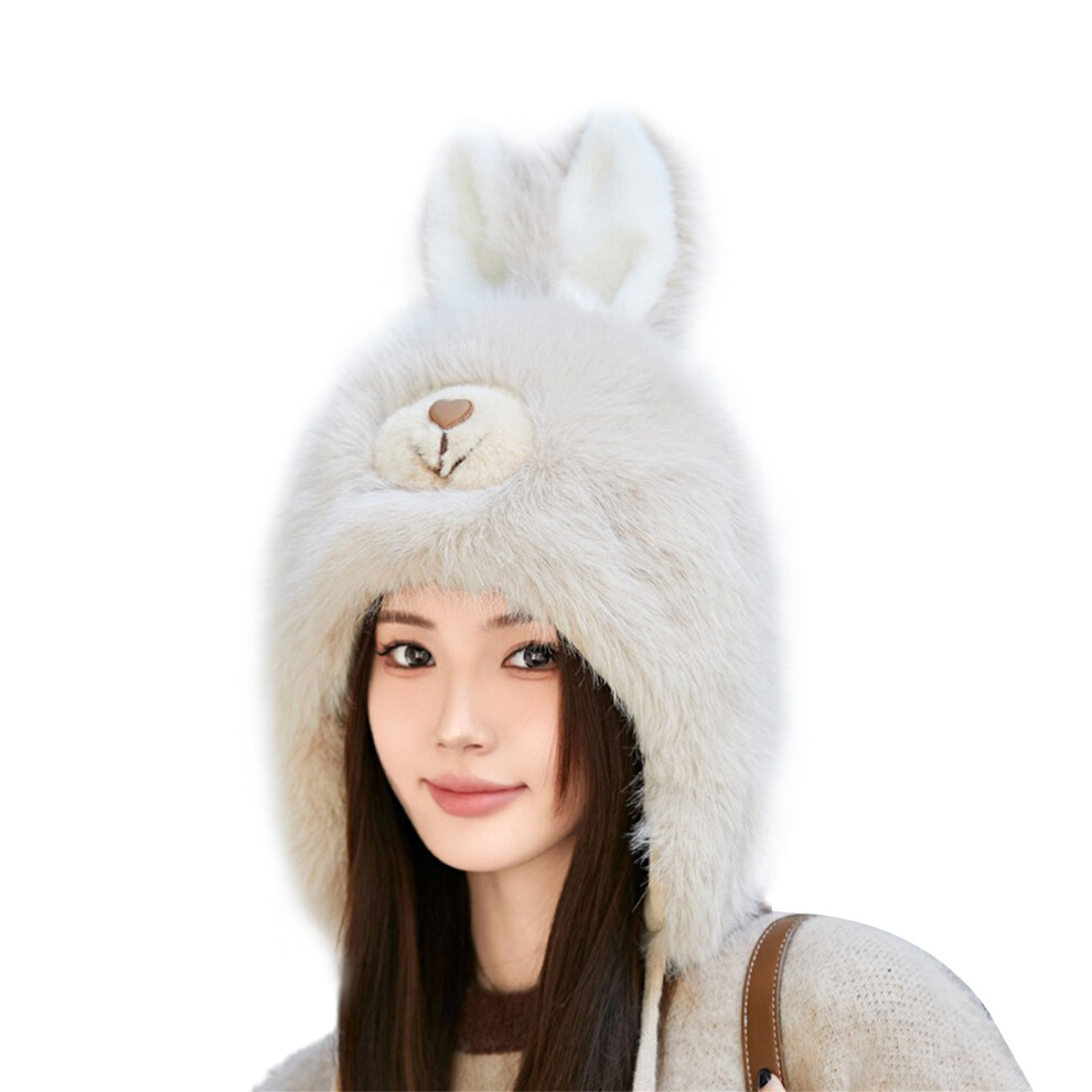 (One Size, Khaki) Women Plush Winter Trapper Hat with Ear Flaps 3D Bunny Cover Ears Warm Trooper Bomber Cap for Skiing Cycling
