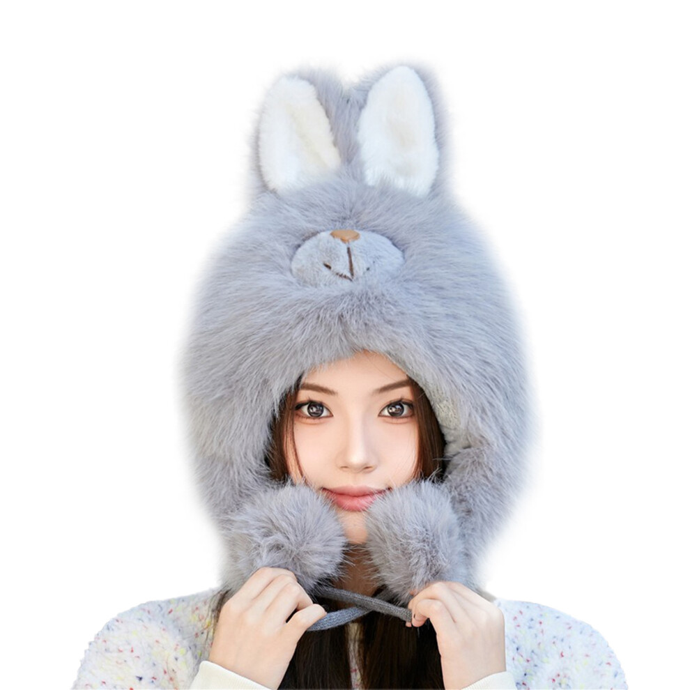 Gray (One Size, ) Women Plush Winter Trapper Hat With Ear Flaps 3D Bunny Cover Ears Warm Trooper Bomber Cap For Skiing Cycling