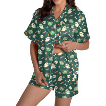 (M, Turquoise) Women's Halloween Pajama Set, Ghost Print Lapel Neck Short Sleeve Tops Elastic Waist Shorts 2 Piece Lounge Outfit