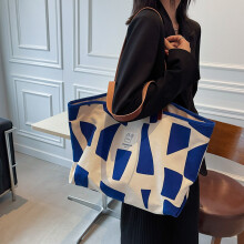 (Blue) Fall New Plaid Canvas Shoulder Bag Women, Japanese Style Casual Tote Bag, Large Capacity Cotton Shopping Bag, Fashionable and Versatile