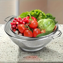 (28cm) Stainless Steel Double Handle Fruit Basket Kitchen Colander Strainer Modern Apple Bowl Large Capacity Fruit Serving Bowl