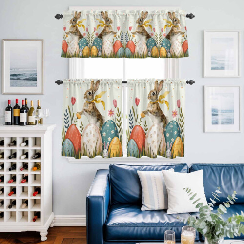 Easter Rabbit Kitchen Curtains and Valance Set Beige 1