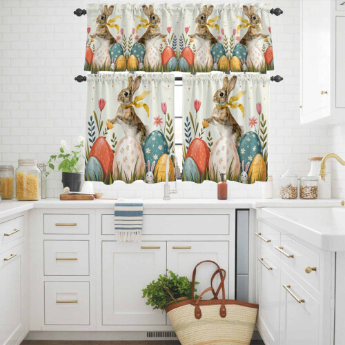 Easter Rabbit Kitchen Curtains and Valance Set Beige 2