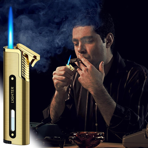 Long Lighter Adjustable Flame, Windproof Blue Torch Lighter, Refillable Butane Lighter For Men, Portable Mini Jet Flame Lighter Gift 2