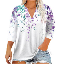 Dam Plus Size Boho Blommig Topp V-ringad Henley Button Tunika Skjorta 3/4 Ärm Casual Lös T-shirt Sommar Lätt Blus