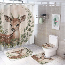 Juego de cortina de ducha de 4 piezas con diseño de ciervo en corona verde, alfombras antideslizantes y tapete para inodoro – Impermeable, diseño