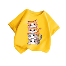 Meisjestopjes met korte mouwen, T-shirts met dierenprint, zomershirts, T-shirts met ronde hals, geel, 2-4 jaar