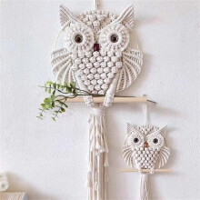 Tapeçaria de parede em macramê de algodão com coruja, feita à mão em estilo boho, ideal para decoração de quarto, berçário e sala de estar.