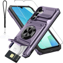 Funda resistente color violeta para Samsung Galaxy A16 5G: protector de pantalla HD, tarjetero, soporte de anillo para el dedo, correa de cordón.