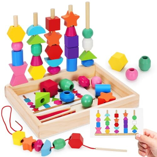 Ξύλινες χάντρες Montessori για νήπια 2-4 ετών, τουβλάκια αλληλουχίας και στοίβαξης με