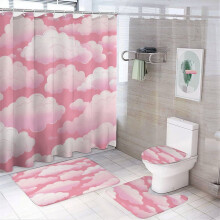 4-delers dusjforhengsett med rosa skyer og sklisikkert teppe, toalettmatte og lokkteppe – 180 x 180 cm, baderomsdekorasjon med himmel og hvite skyer