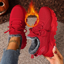 Willtoo Damen Winter-Sneaker mit Schnürung, gefüttert mit Fell, leichte und bequeme Freizeitschuhe für drinnen und draußen, Rot