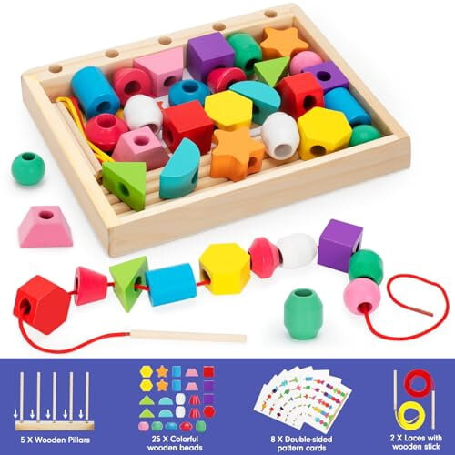Ξύλινες χάντρες Montessori για νήπια 2-4 ετών, τουβλάκια αλληλουχίας και στοίβαξης με 1