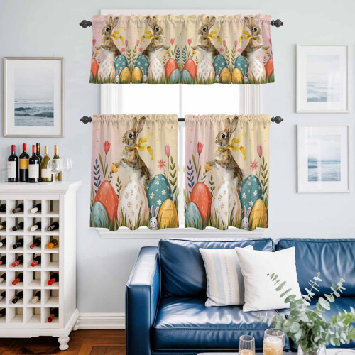 Easter Rabbit Kitchen Curtains and Valances Set Pink Yellow 1