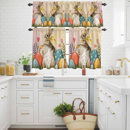 Easter Rabbit Kitchen Curtains and Valances Set Pink Yellow 2
