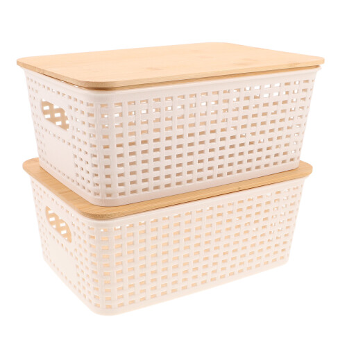 4Pcs Multi Color Plastic Storage Boxes with Bamboo Lid for Pantry Use 2