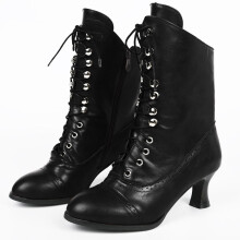 Botines victorianos para mujer Willtoo - Media caña, punta redonda, negros, tacón grueso y detalle de cordones. Talla 6.5.