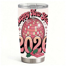 Vaso térmico de acero inoxidable con diseño de bola de discoteca rosa de Año Nuevo 2026, doble pared con aislamiento para café frío y caliente.