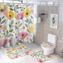 4-teiliges Duschvorhang-Set mit Aquarell-Blumenmuster, inklusive rutschfester Matte, WC-Deckelbezug und Badematte – Wasserdichte